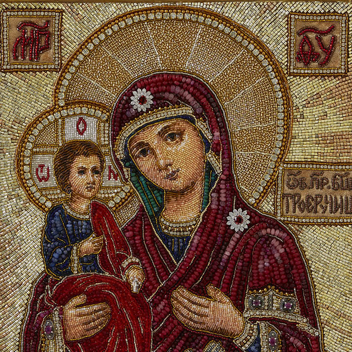 Embroidered icon of Our Lady of the Three Hands in antique frame and case