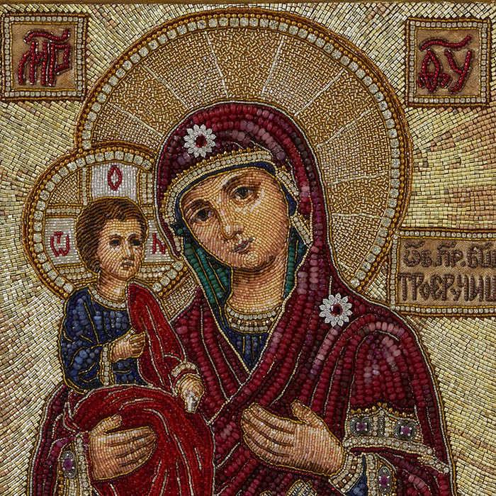 Embroidered icon of Our Lady of the Three Hands in antique frame and case