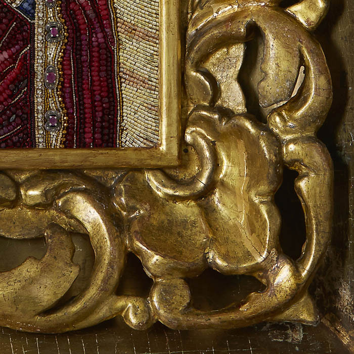 Embroidered icon of Our Lady of the Three Hands in antique frame and case