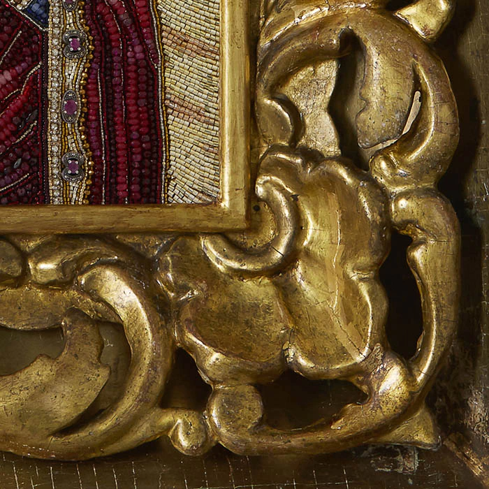 Embroidered icon of Our Lady of the Three Hands in antique frame and case