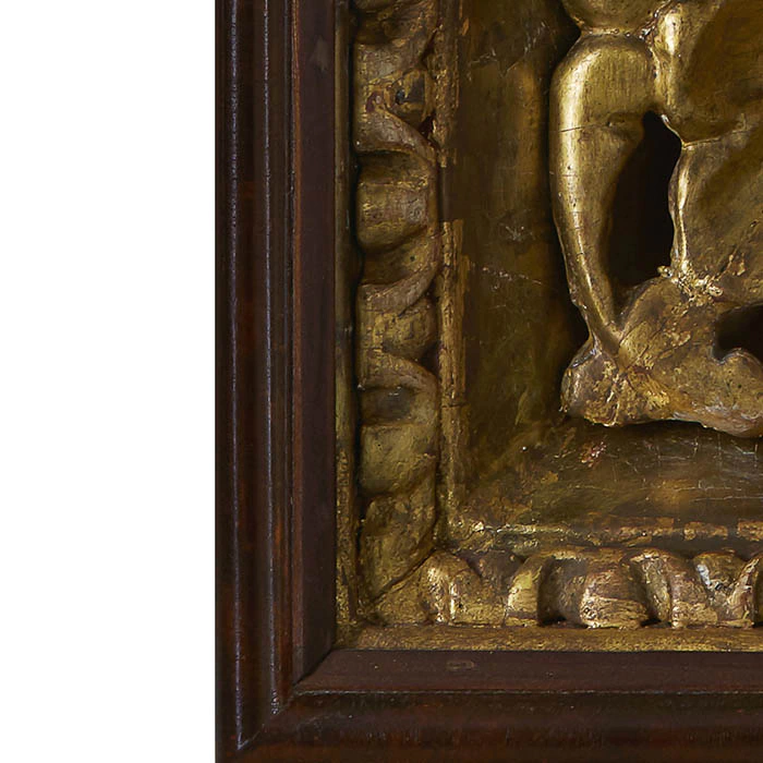 Embroidered icon of Our Lady of the Three Hands in antique frame and case