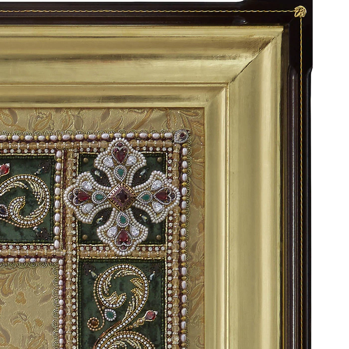 Embroidered icon of Our Lady of Iveria in a frame and a kiosk
