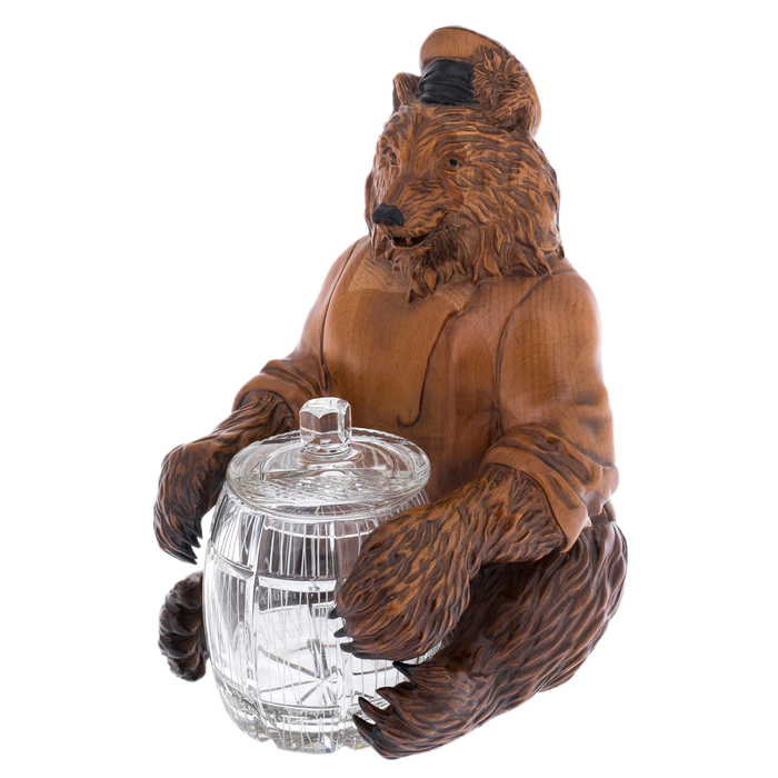 Honey pan made of solid beech and crystal "Bear with a barrel"