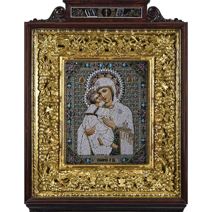 Embroidered icon of Our Lady of Vladimir in antique frame and case