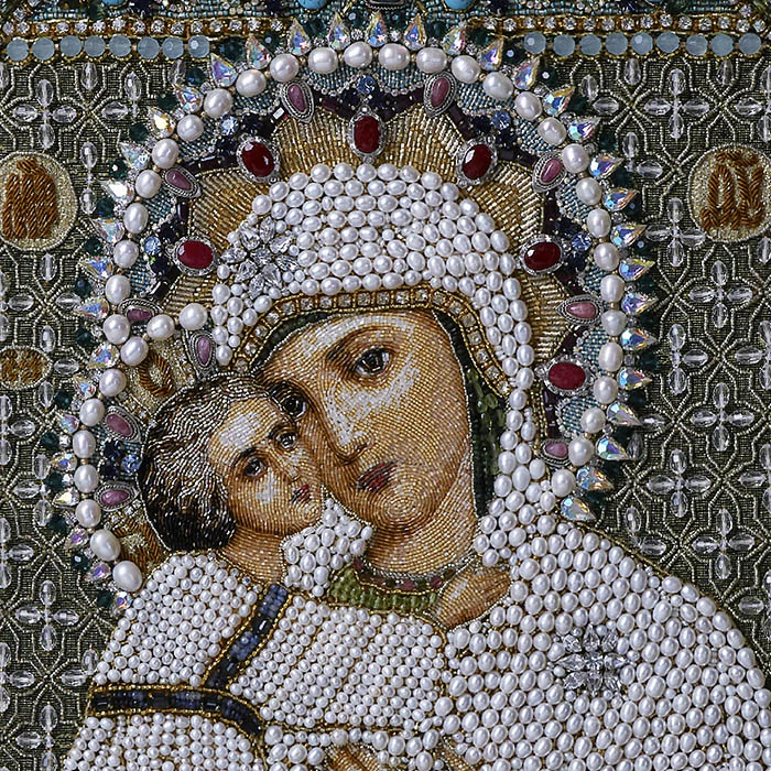 Embroidered icon of Our Lady of Vladimir in antique frame and case
