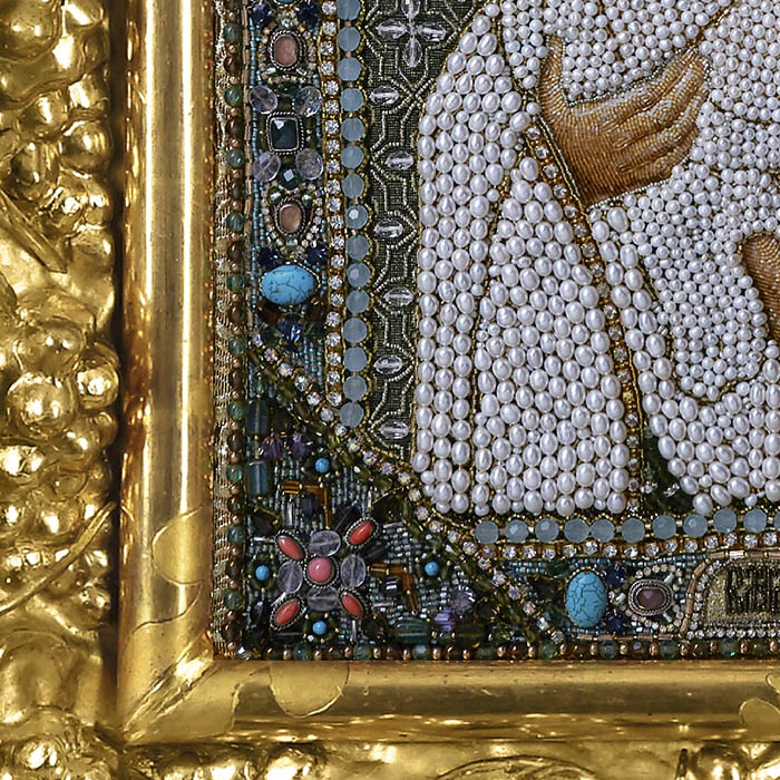 Embroidered icon of Our Lady of Vladimir in antique frame and case