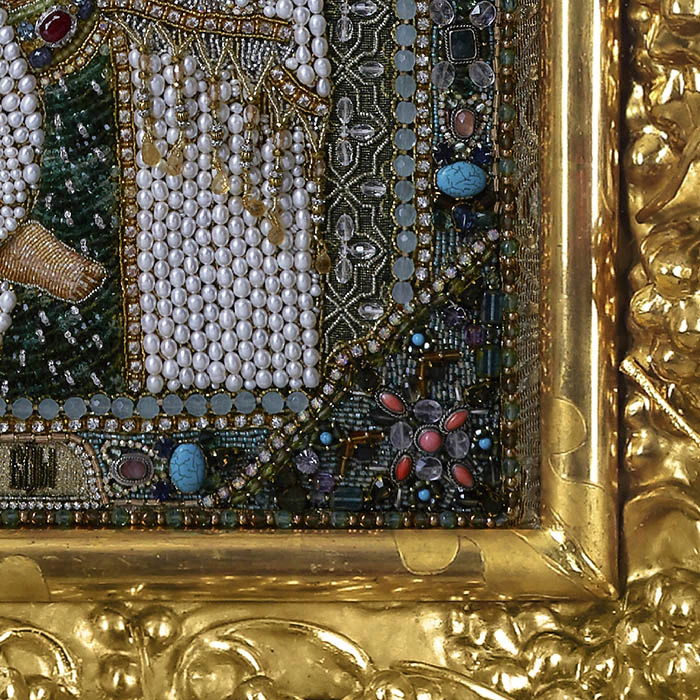 Embroidered icon of Our Lady of Vladimir in antique frame and case