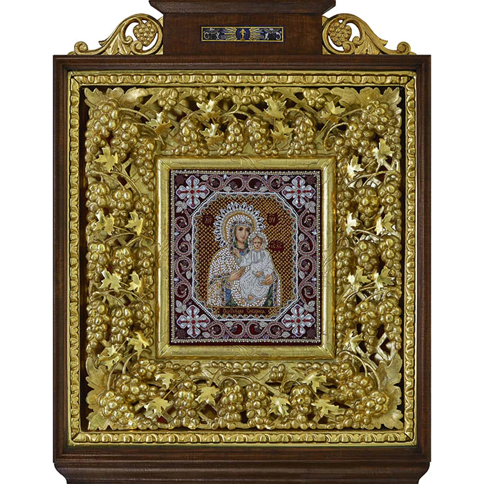 Embroidered icon of Our Lady of Smolensk in antique frame and case