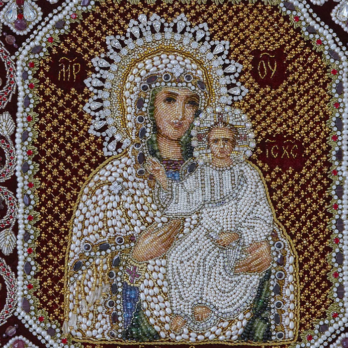 Embroidered icon of Our Lady of Smolensk in antique frame and case