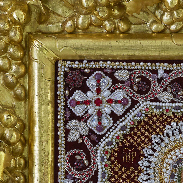 Embroidered icon of Our Lady of Smolensk in antique frame and case