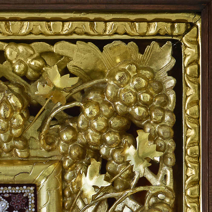 Embroidered icon of Our Lady of Smolensk in antique frame and case
