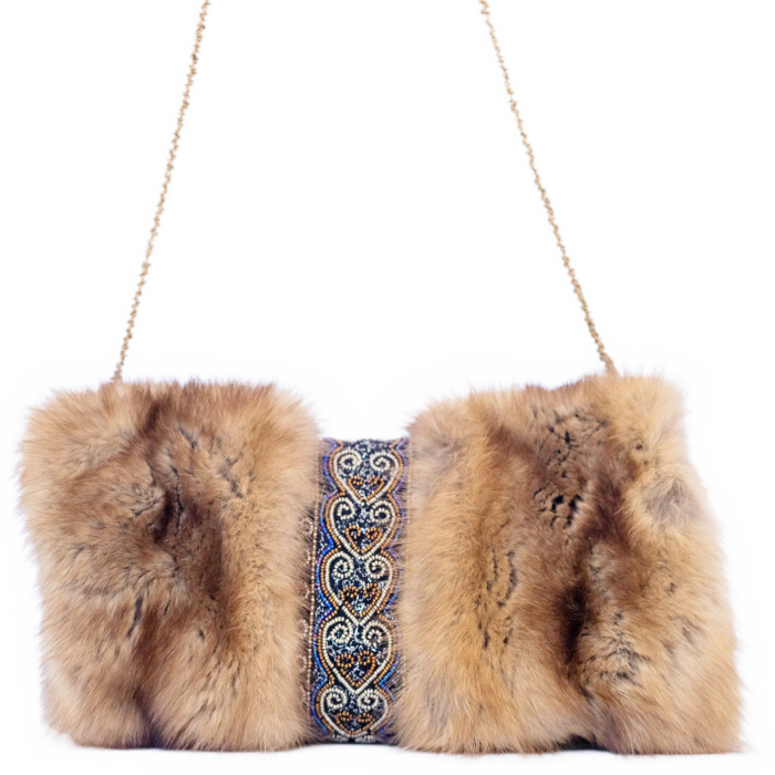 Sable fur clutch "Golden hearts" with embroidery