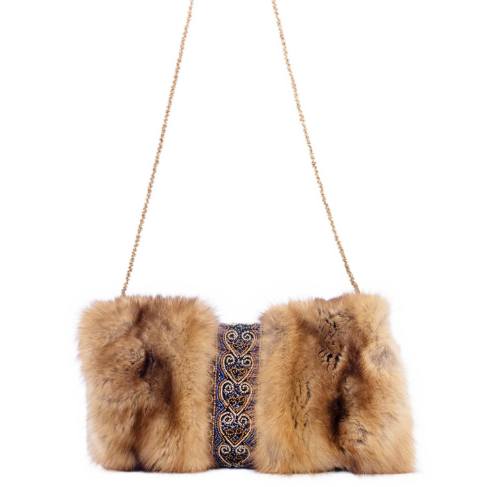 Sable fur clutch "Golden hearts" with embroidery