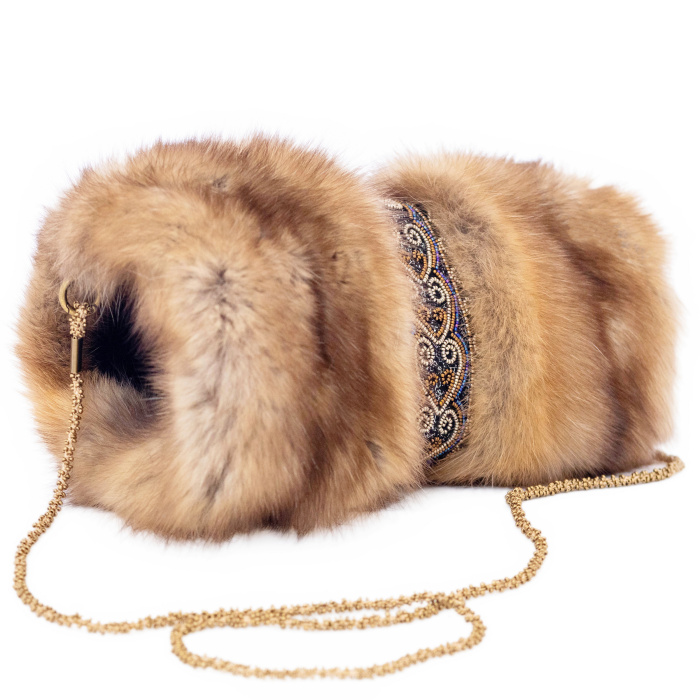 Sable fur clutch "Golden hearts" with embroidery