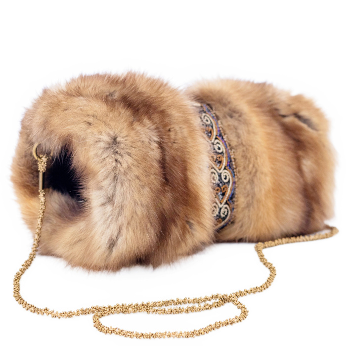 Sable fur clutch "Golden hearts" with embroidery
