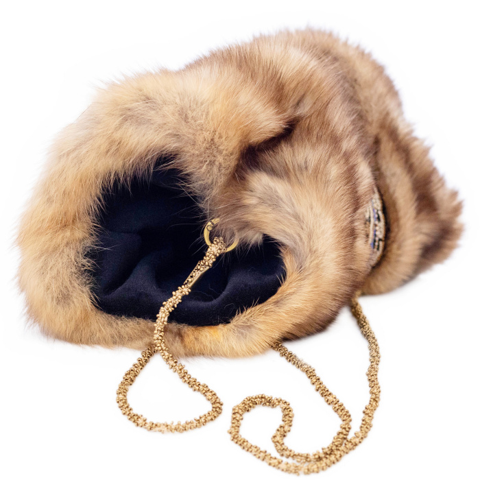 Sable fur clutch "Golden hearts" with embroidery