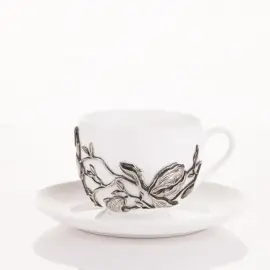 Чайная пара из фарфора и нейзильбера "Магнолия"