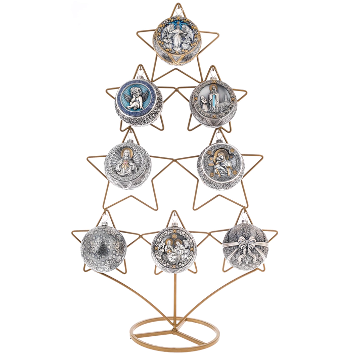 Set of silver Religious balls on a Christmas tree stand, 8 balls