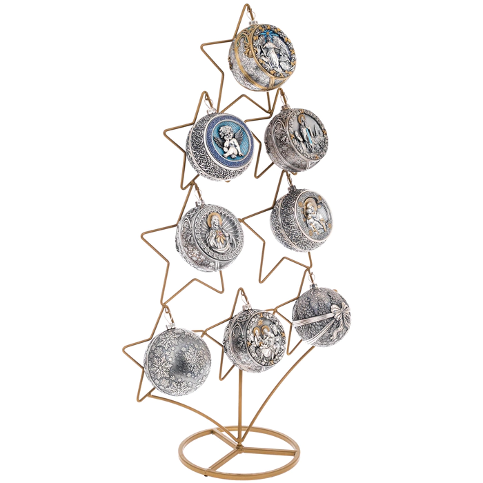 Set of silver Religious balls on a Christmas tree stand, 8 balls