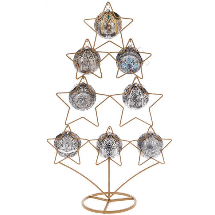 Set of silver Religious balls on a Christmas tree stand, 8 balls