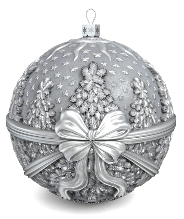 Set of silver Religious balls on a Christmas tree stand, 8 balls