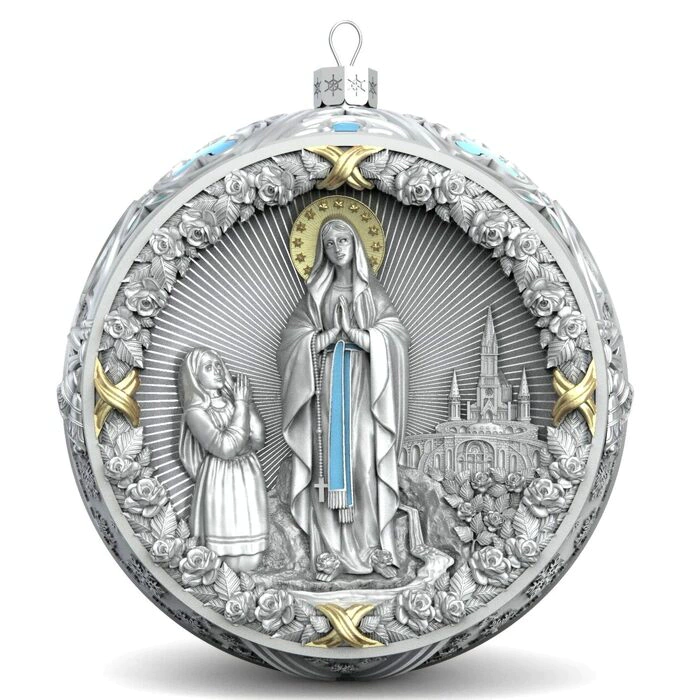 Set of silver Religious balls on a Christmas tree stand, 8 balls