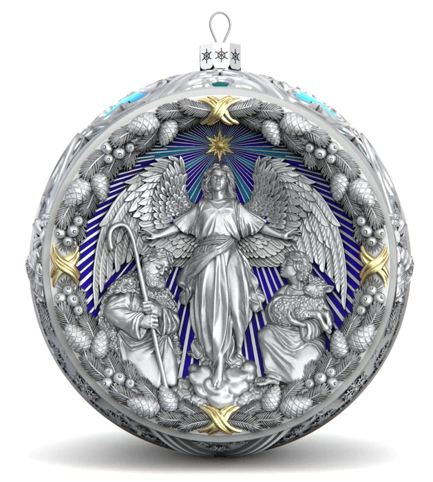Set of silver Religious balls on a Christmas tree stand, 8 balls