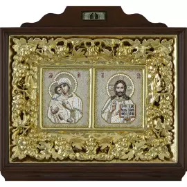 Вышитая венчальная пара "Богоматерь Владимирская. Господь Вседержитель" в киоте