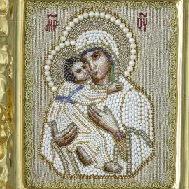 Вышитая венчальная пара "Богоматерь Владимирская. Господь Вседержитель" в киоте