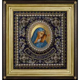 Вышитая икона "Богоматерь Всескорбящая" в раме и киоте
