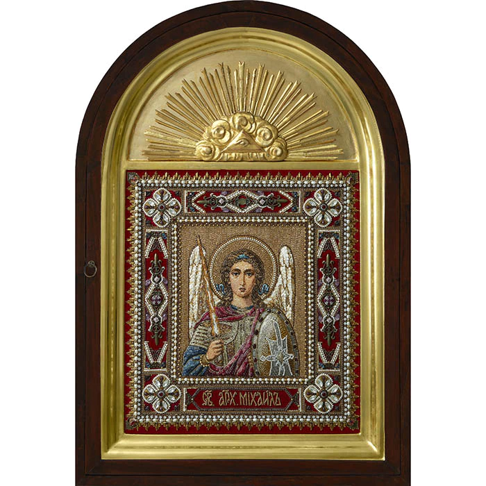 The embroidered icon "Archangel Michael" in an antique kiosk
