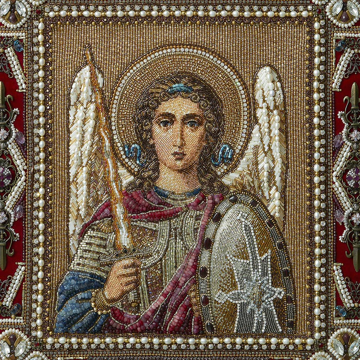 The embroidered icon "Archangel Michael" in an antique kiosk