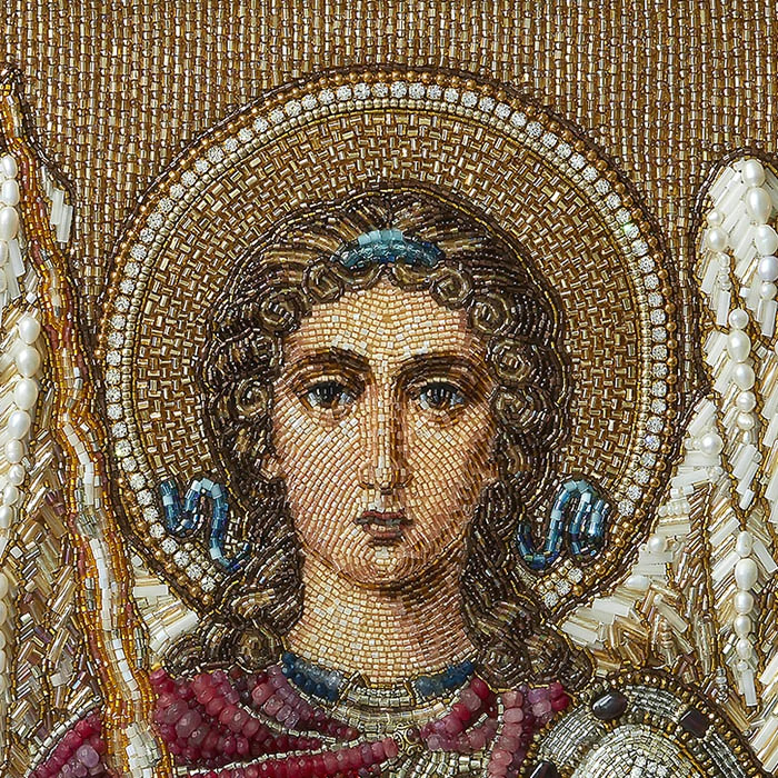 The embroidered icon "Archangel Michael" in an antique kiosk