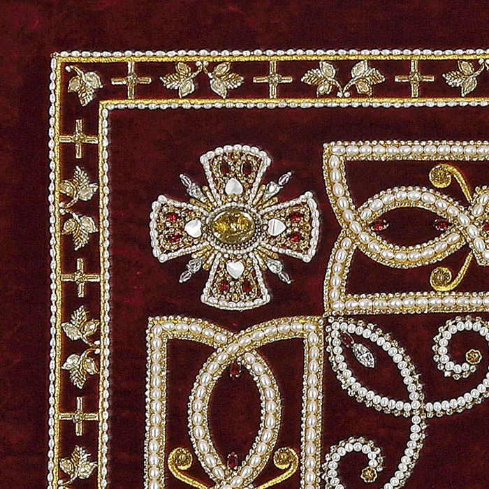 Embroidered icon of St. Nicholas the Wonderworker in a frame and a kiosk