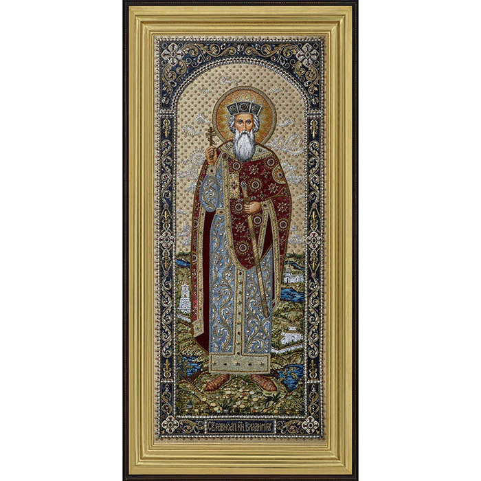 Embroidered icon of "Equal-to-the-Apostles Grand Duke Vladimir" in a frame and a kiosk