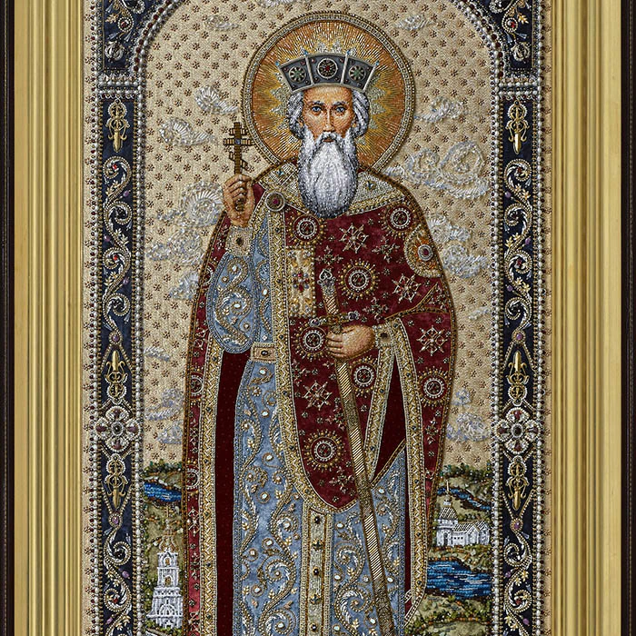 Embroidered icon of "Equal-to-the-Apostles Grand Duke Vladimir" in a frame and a kiosk