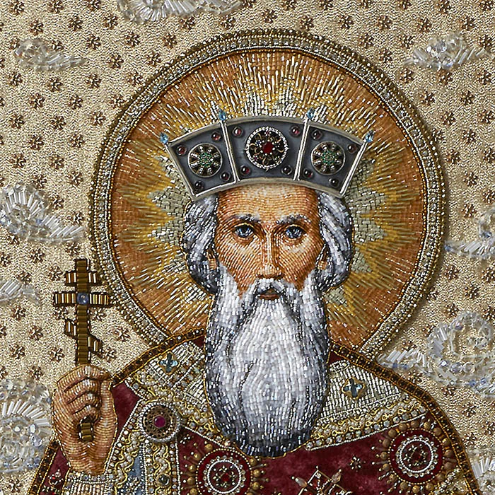 Embroidered icon of "Equal-to-the-Apostles Grand Duke Vladimir" in a frame and a kiosk