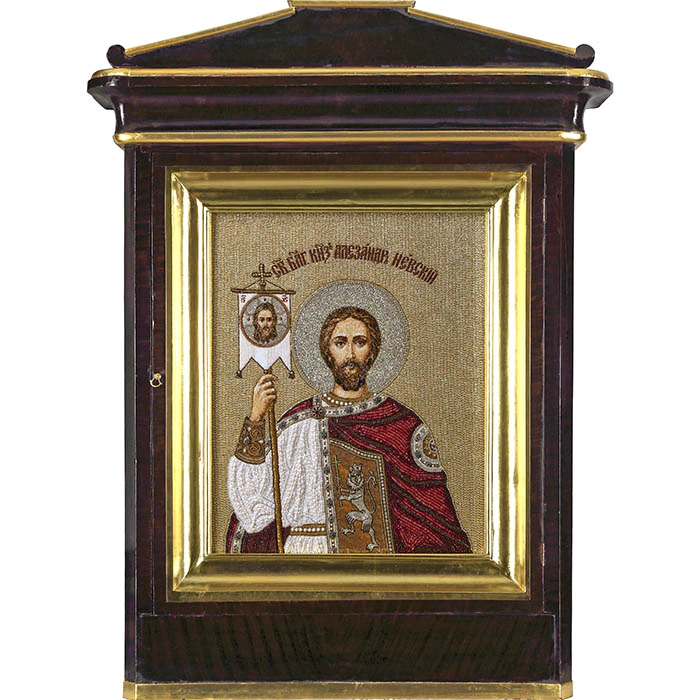 The embroidered icon "Blessed Prince Alexander Nevsky" in an antique kiosk