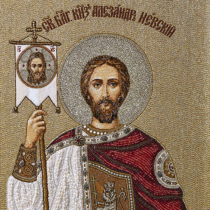 The embroidered icon "Blessed Prince Alexander Nevsky" in an antique kiosk