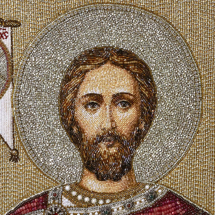 The embroidered icon "Blessed Prince Alexander Nevsky" in an antique kiosk