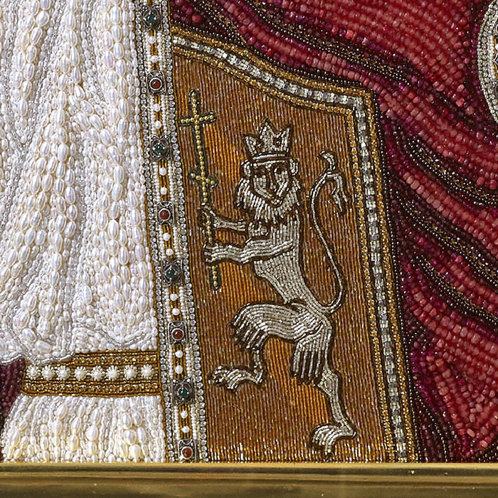 The embroidered icon "Blessed Prince Alexander Nevsky" in an antique kiosk