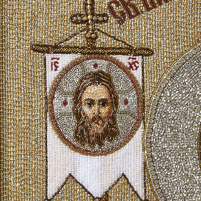 The embroidered icon "Blessed Prince Alexander Nevsky" in an antique kiosk