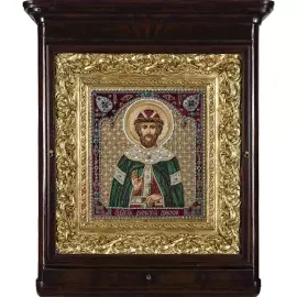 Вышитая икона "Благоверный князь Димитрий Донской" в антикварной раме и киоте