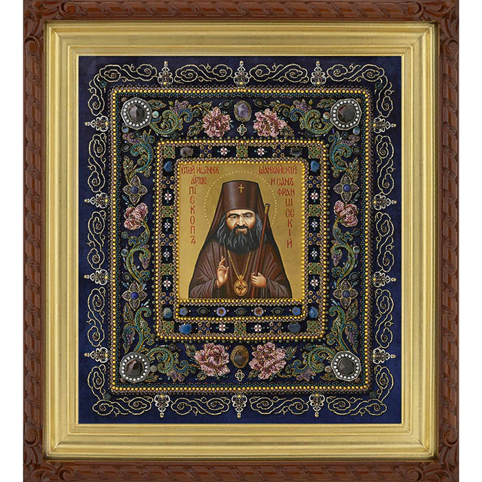 Embroidered icon of St. John of Shanghai in a frame and a kiosk