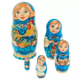 Matryoshka doll for 5 people "Girl with a rooster in a blue scarf" 15 cm