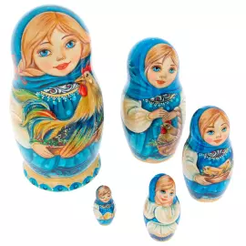 Matryoshka doll for 5 people "Girl with a rooster in a blue scarf" 15 cm
