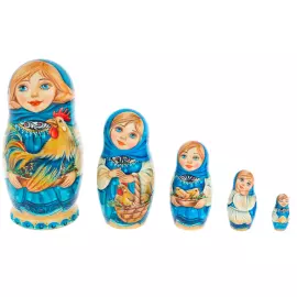 Matryoshka doll for 5 people "Girl with a rooster in a blue scarf" 15 cm