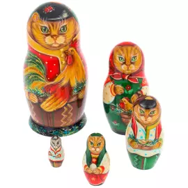 Матрешка на 5 мест "Кот с петухом" 15 см