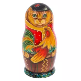 Матрешка на 5 мест "Кот с петухом" 15 см