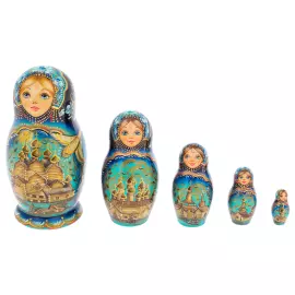 Матрешка на 5 мест "Кижи" синяя, 15 см